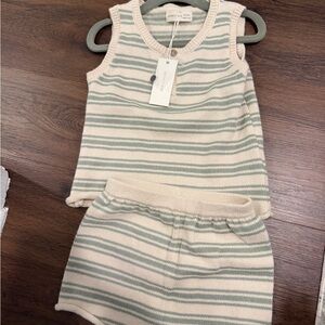 Quincy Mae Cream and Green Striped Kids Matching Set
